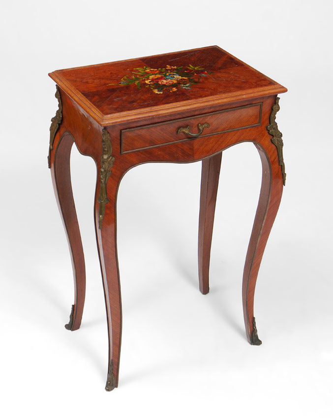 Appraisal: FRENCH ORMOLU MOUNTED PAINT DECORATED SIDE TABLE Floral paint decorated