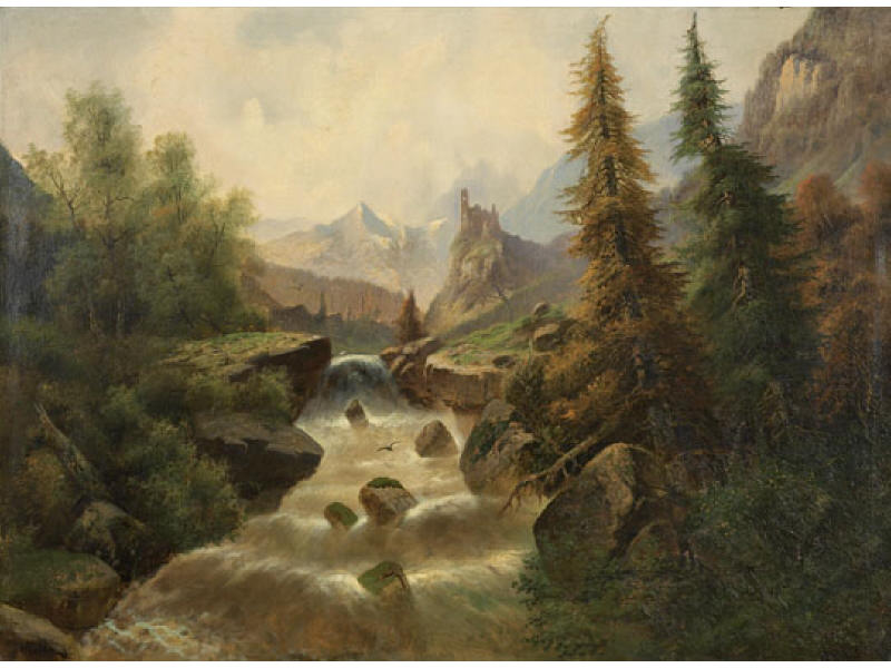 Appraisal: H KOLBE GERMAN Mountain landscape with waterfall oil on canvas