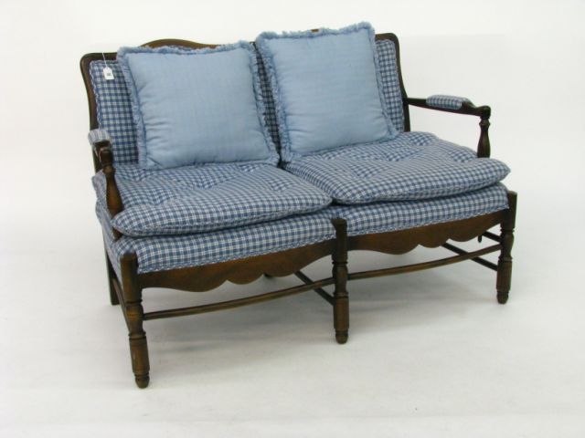 Appraisal: Early American Style upholstered settee fruitwood finish wood frame with