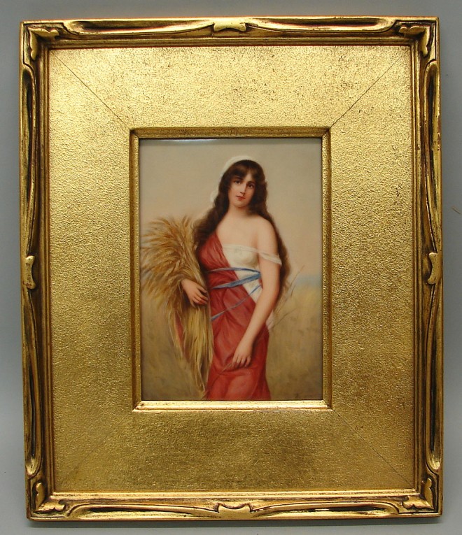 Appraisal: Ernte Pieze plaque features full length portrait of woman holding