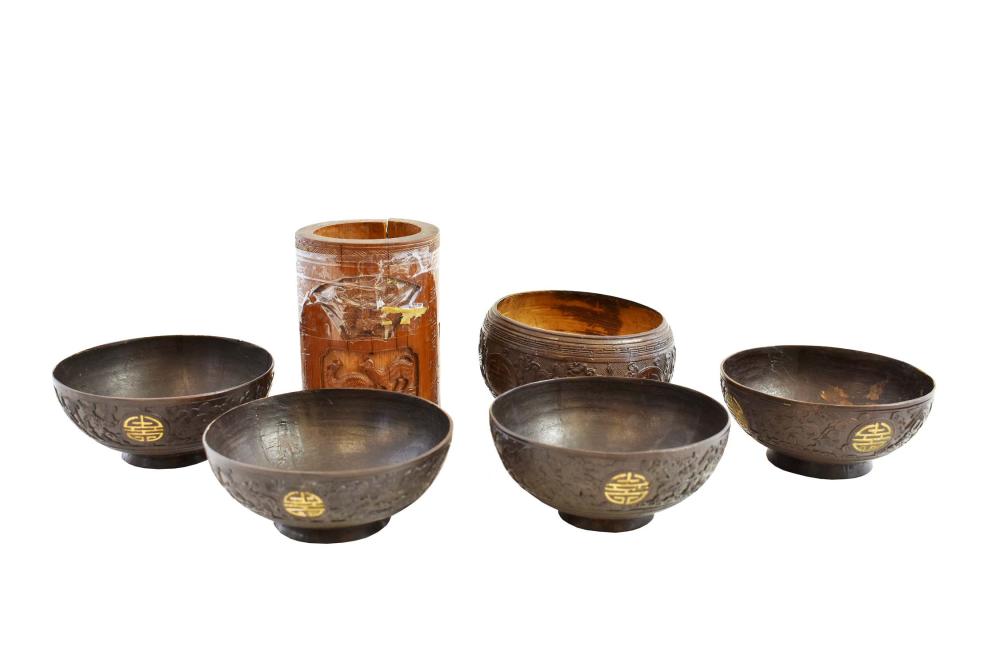 Appraisal: FOUR CHINESE CARVED COCONUT CUPS ANOTHER A BAMBOO BRUSH POTThe