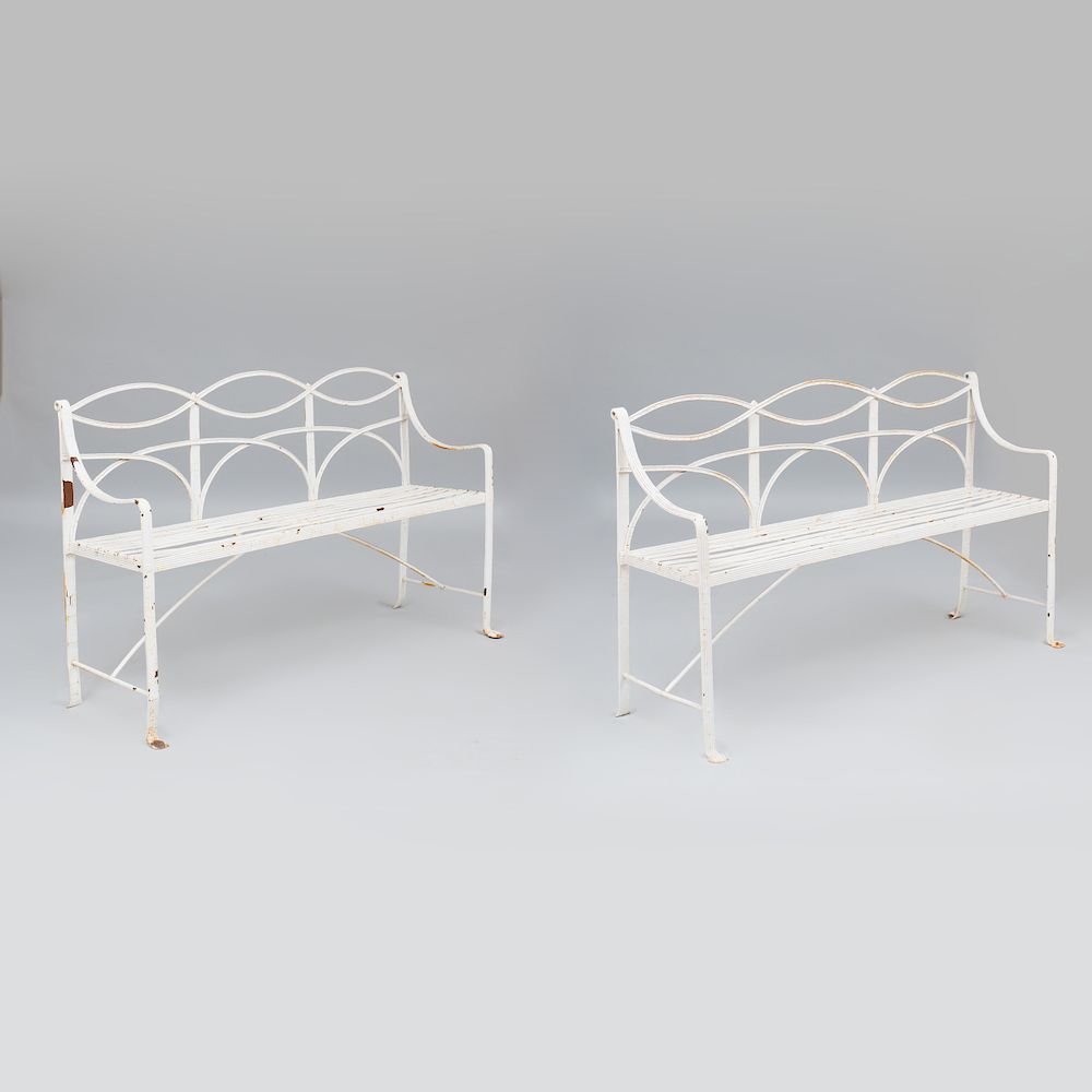 Appraisal: Pair of Painted Wrought Iron Garden Benches in x ft