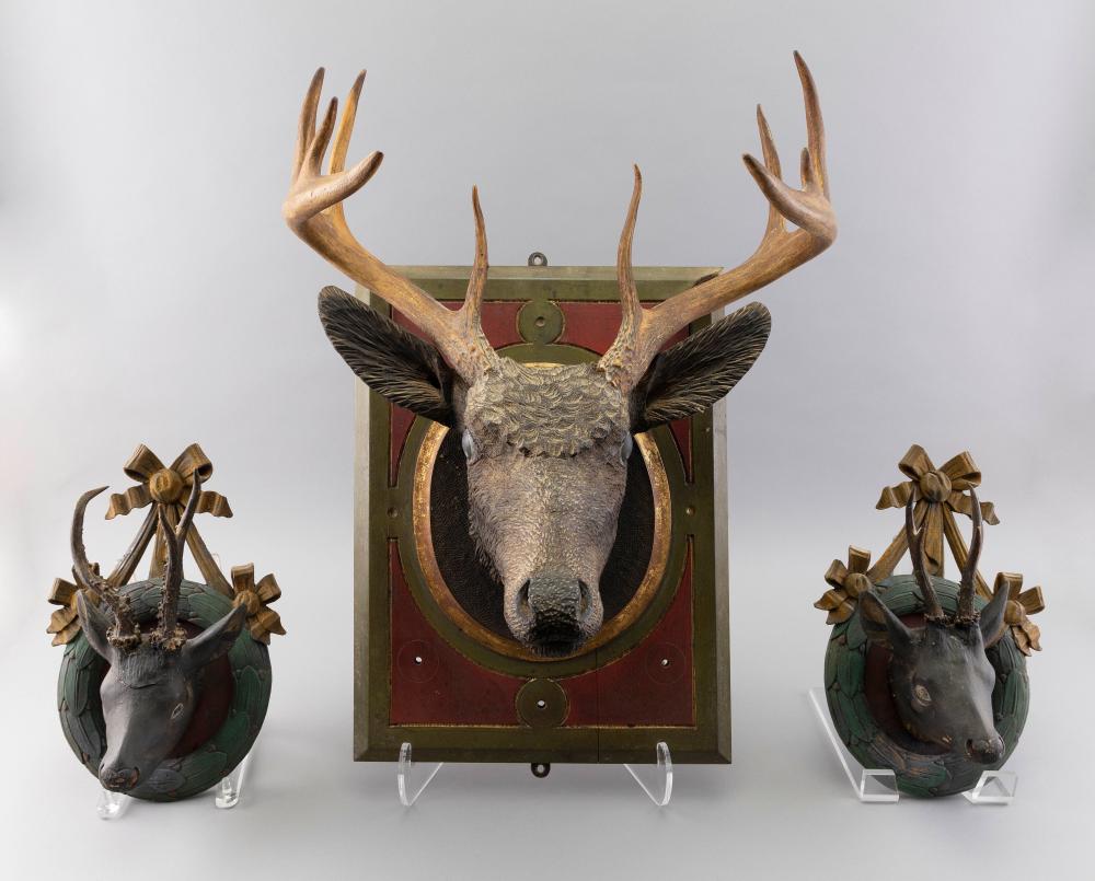 Appraisal: THREE CARVED WOODEN STAG HEADS LATE TH EARLY TH CENTURY