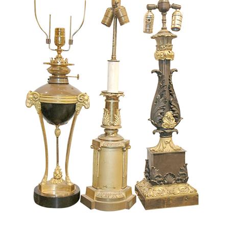 Appraisal: Group of Three Neoclassical Style Gilt and Patinated-Bronze Lamps Estimate