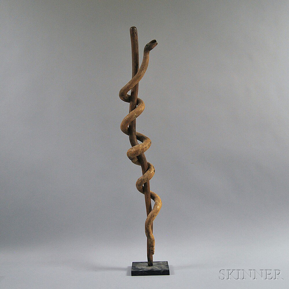 Appraisal: Carved and Mounted Walking Stick with Coiled Snake th th