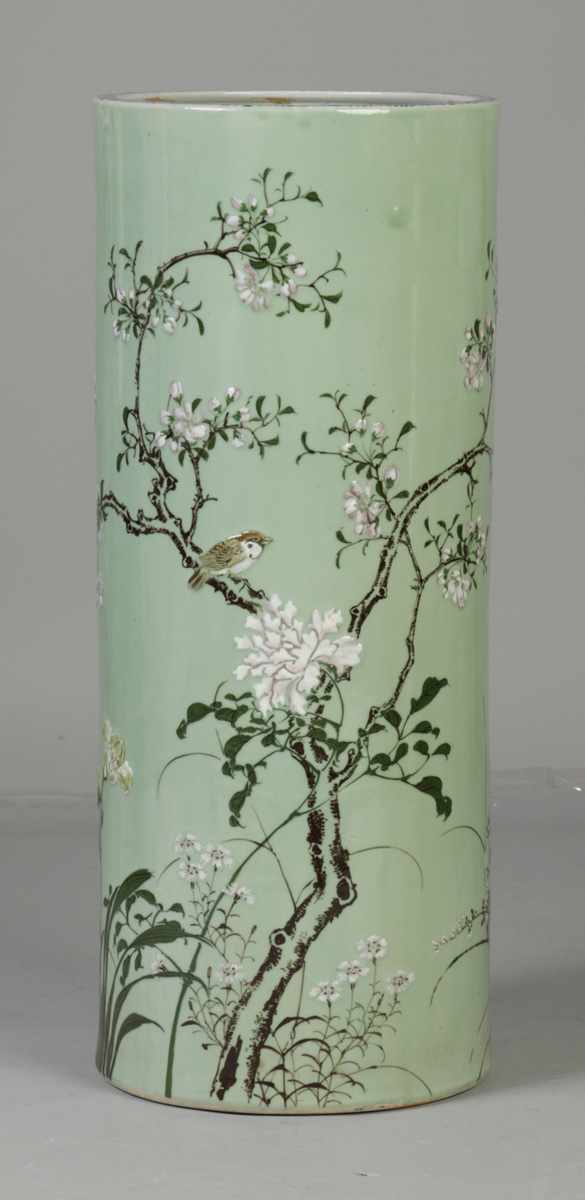 Appraisal: Monumental Sgn Japanese Celadon Cylindrical Form Porcelain Floor Vase C