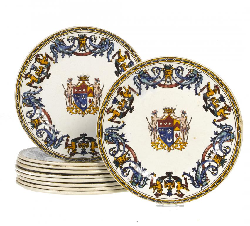 Appraisal: A RARE SET OF ELEVEN GIEN FIAENCE ARMORIAL CREAM COLOURED