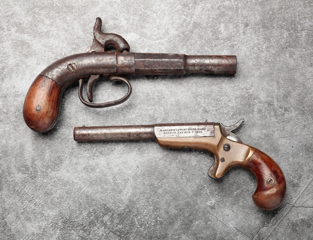 Appraisal: TWO AMERICAN PERCUSSION PISTOLS Mid th century One with brass