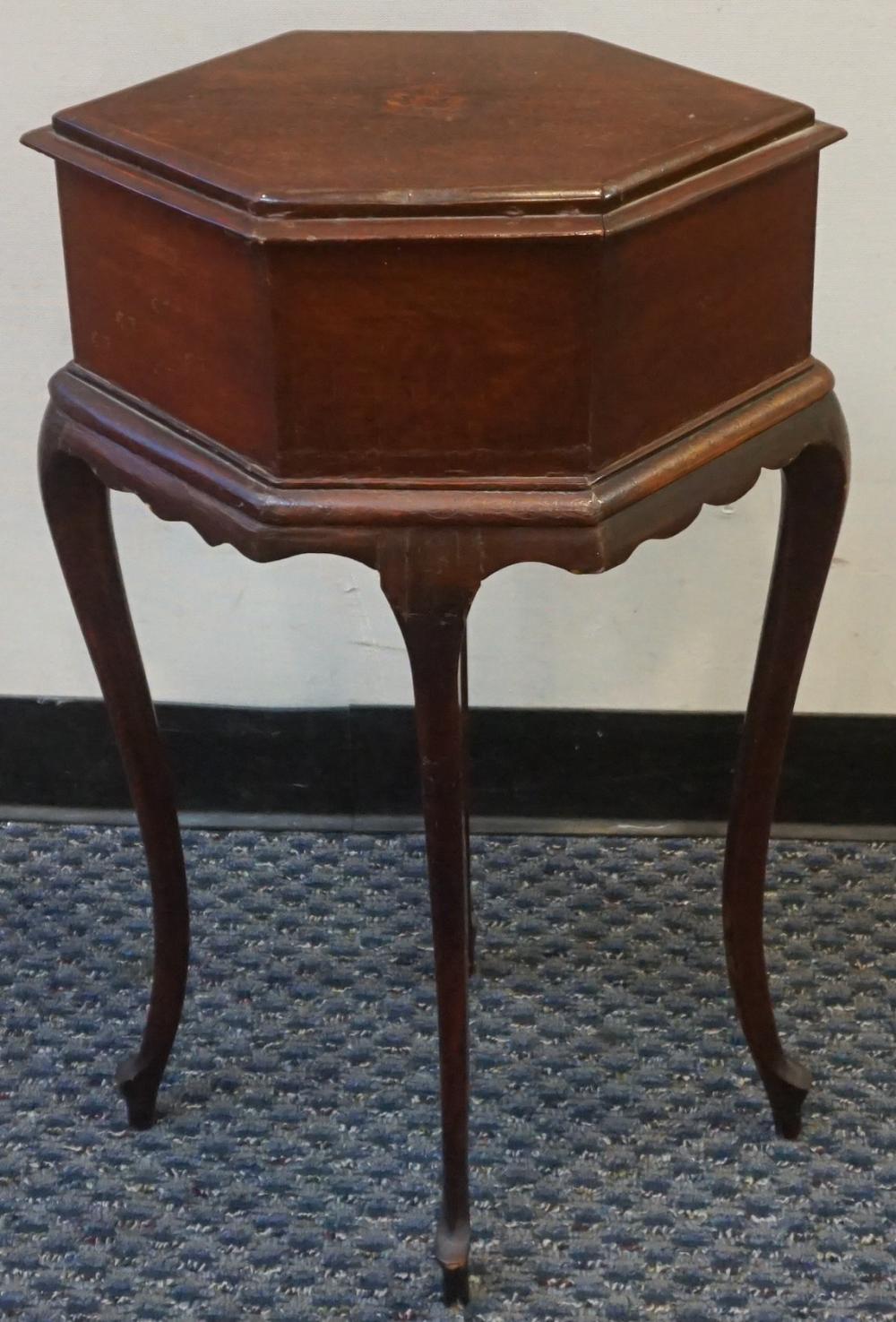 Appraisal: Provincial Style Decorated Mahogany Lift-Top Sewing Cabinet x x in