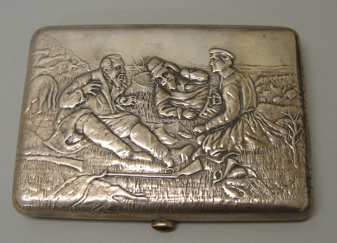 Appraisal: Case features three figures seated in landscape hallmarked MK on