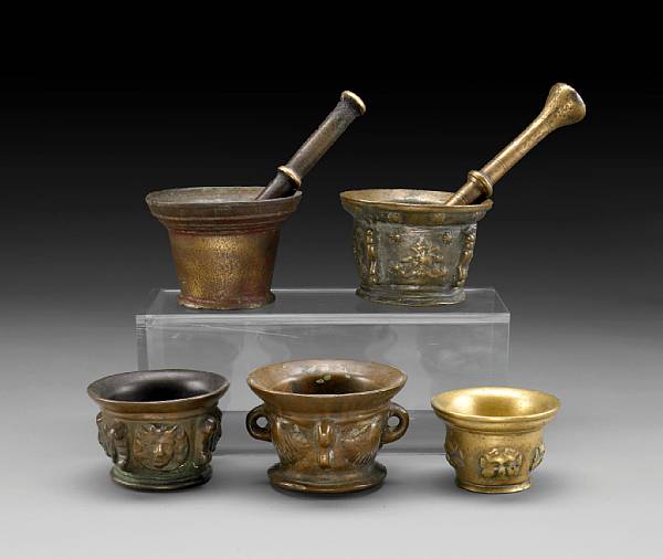 Appraisal: A group of five bronze mortars with two pestles th