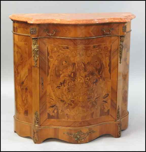 Appraisal: MARQUETRY AND PARQUETRY INLAID CABINET With a marble top and