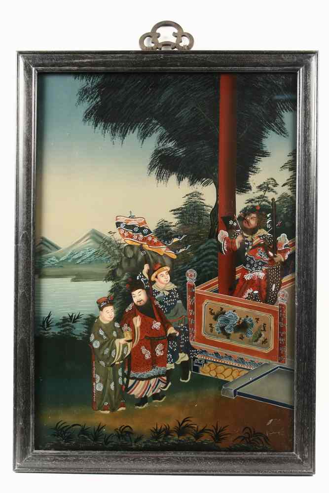 Appraisal: CHINESE REVERSE PAINTINGS - Warrior on veranda being approached by