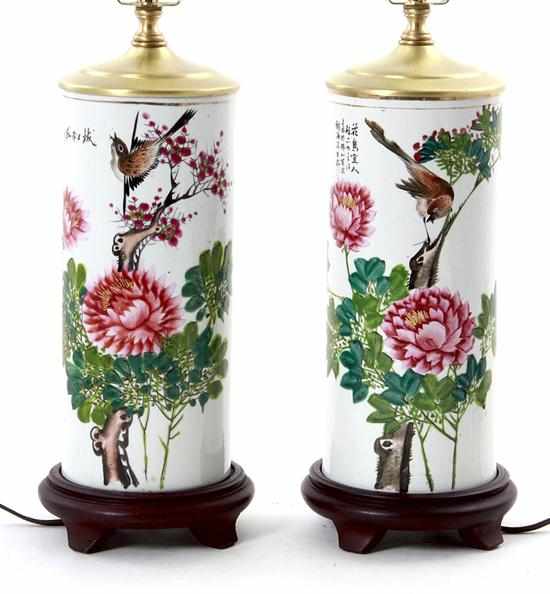 Appraisal: Pair Chinese porcelain wig stands converted to lamps late th