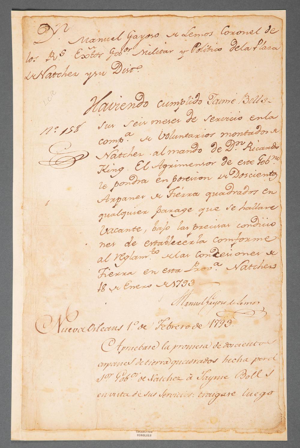 Appraisal: Manuscript Document Signed by Spanish Governor of Louisiana Francisco de