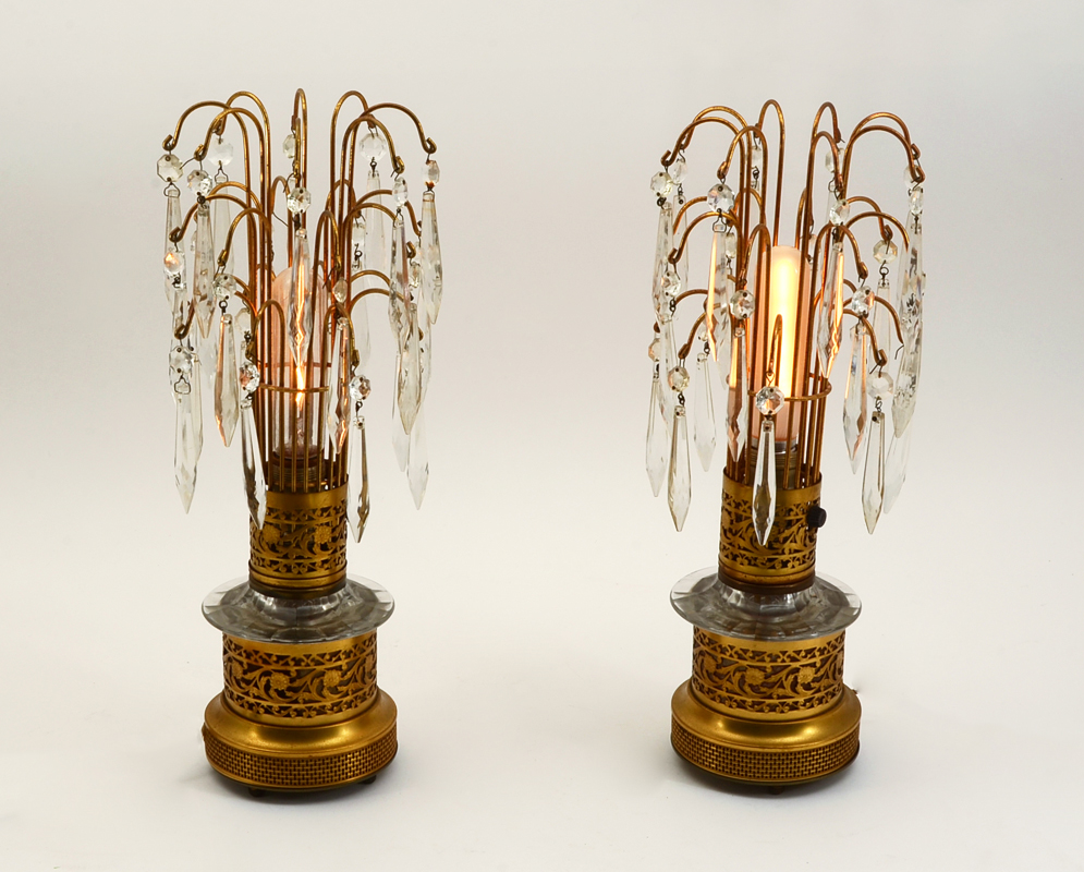 Appraisal: PAIR PIERCED BRASS TABLE LAMPS WITH PRISMS Circa 's waterfall