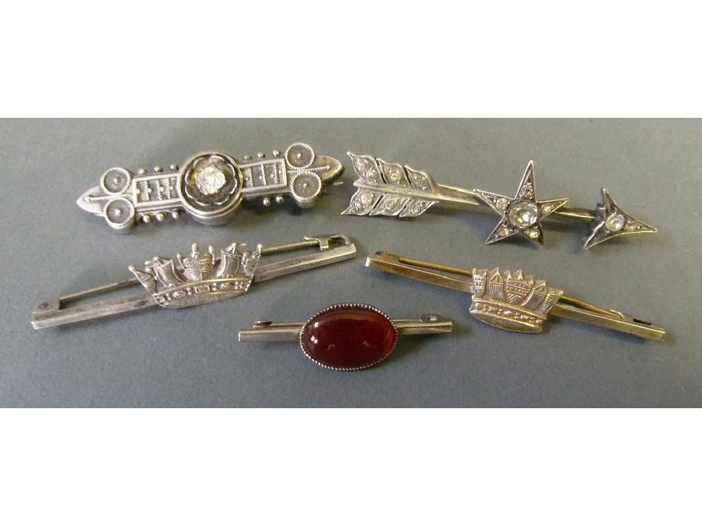 Appraisal: TWO NORWEGIAN STERLING SILVER BAR BROOCHES with coronet pattern centres