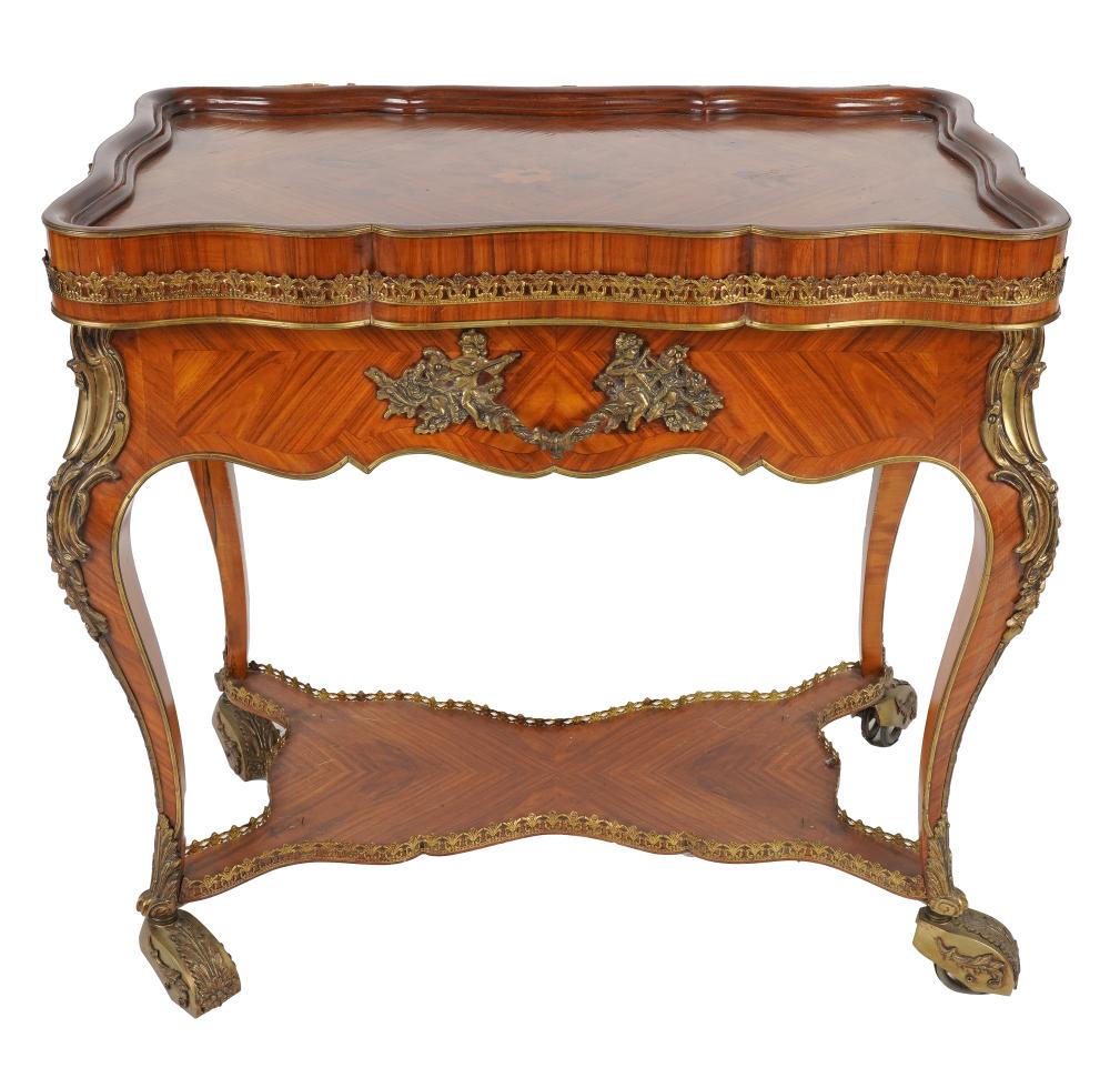 Appraisal: GILT METAL-MOUNTED MARQUETRY SERVING TROLLEYwith removable tray top inlaid with