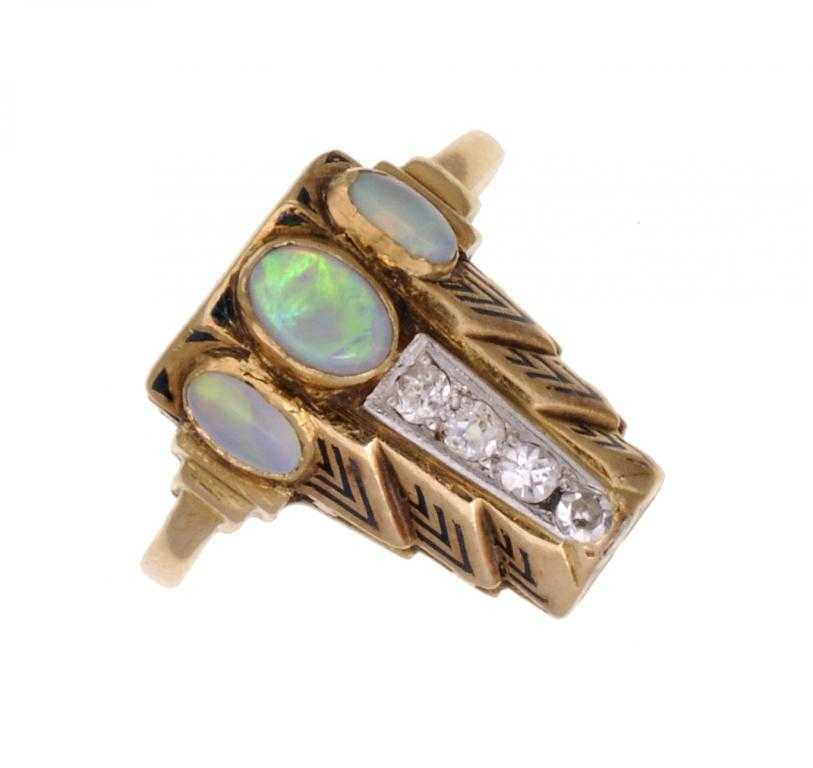 Appraisal: AN ART DECO OPAL DIAMOND GOLD AND ENAMEL RING BY