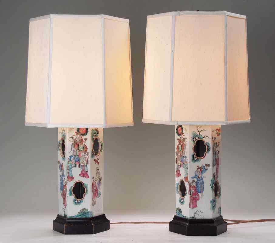 Appraisal: PAIR CHINESE CERAMIC LAMPS Ceramic bodies with figures and other