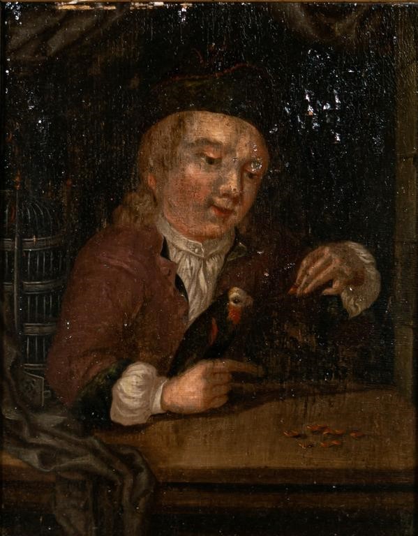 Appraisal: Oil on wood panel man feeding parrot unsigned crazing throughout