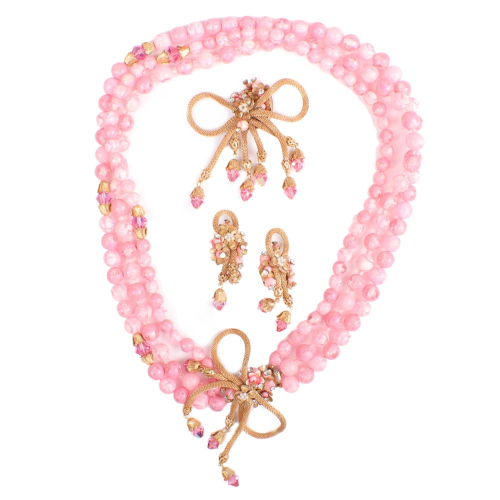 Appraisal: MIRIAM HASKELL PARURE GRADUATED TRIPLE STRAND PINK ART GLASS BEADED