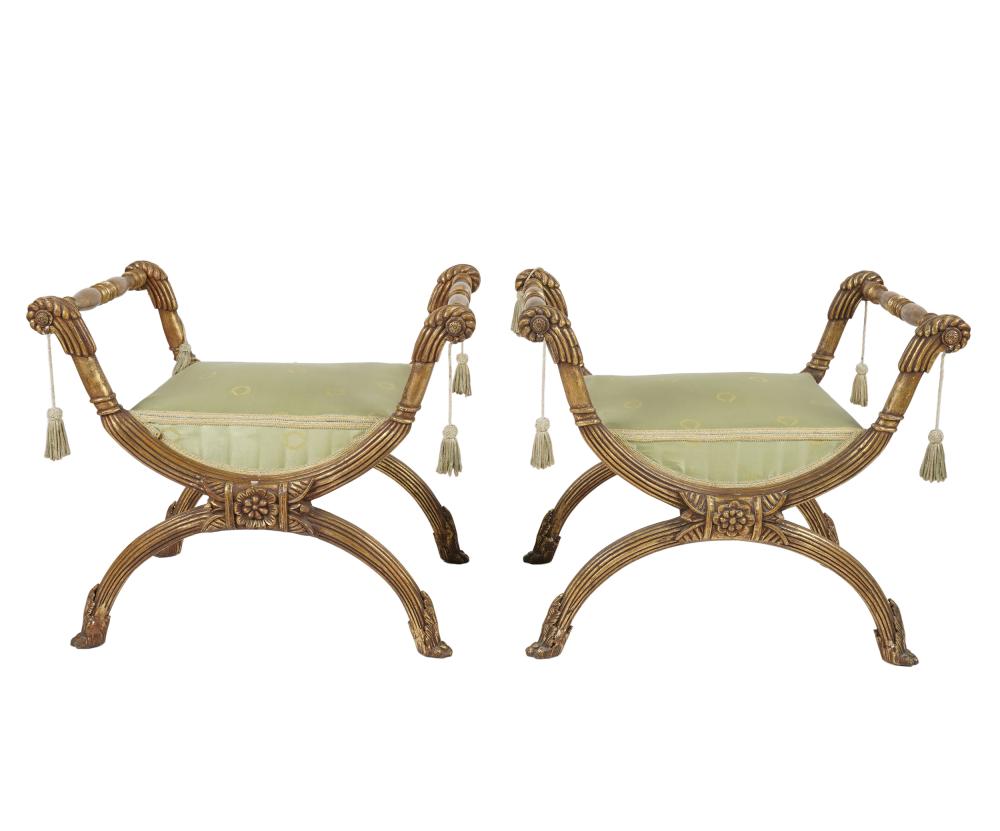 Appraisal: PAIR NEOCLASSIC CARVED GILT WOOD STOOLS th century covered with