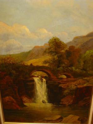 Appraisal: H HARRYMAN Figure on a Bridge over a Waterfall signed