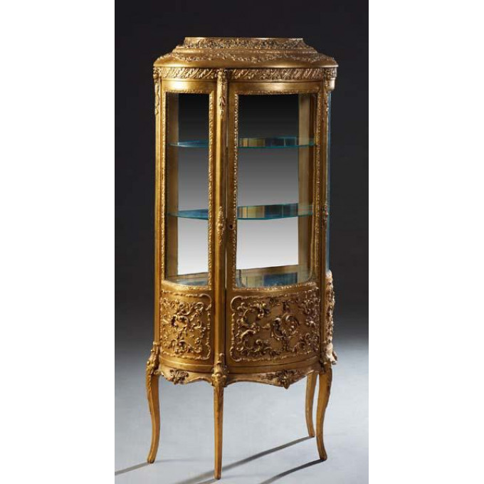 Appraisal: Louis XVI Style Gilt and Gesso Curved Glass Vitrine early