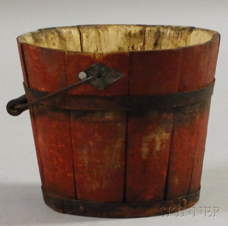 Appraisal: Small Red-painted Stave-and Hoop-constructed Wooden Bucket white-painted interior wire bail