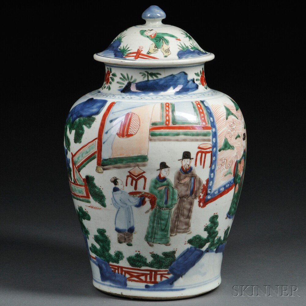 Appraisal: Wucai Covered Jar China th century or later baluster form