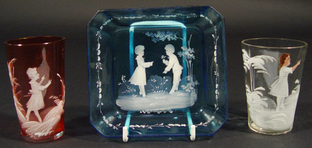 Appraisal: Square Mary Gregory blue glass dish enamelled with children together