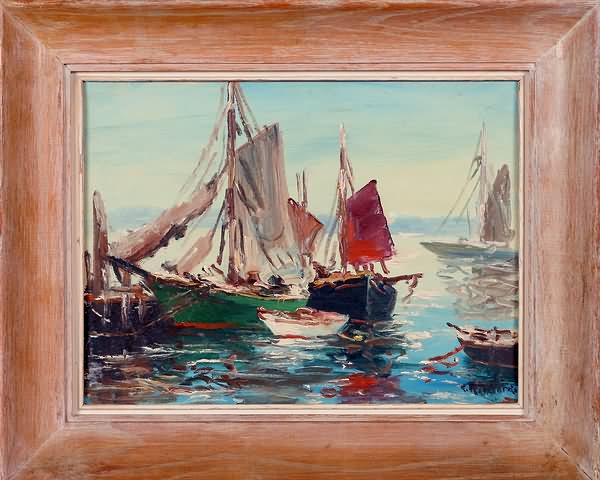 Appraisal: Boats in the water with red sail at center oil