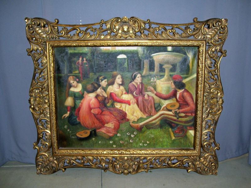 Appraisal: Large Oil Painting Renaissance Scene Depicts Renaissance garden music lesson