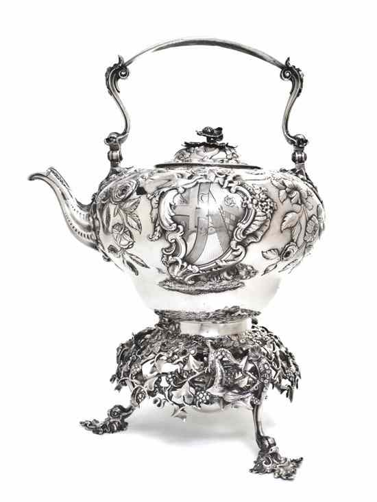 Appraisal: An English Silver Hot Water Kettle on Stand Robert Sallam