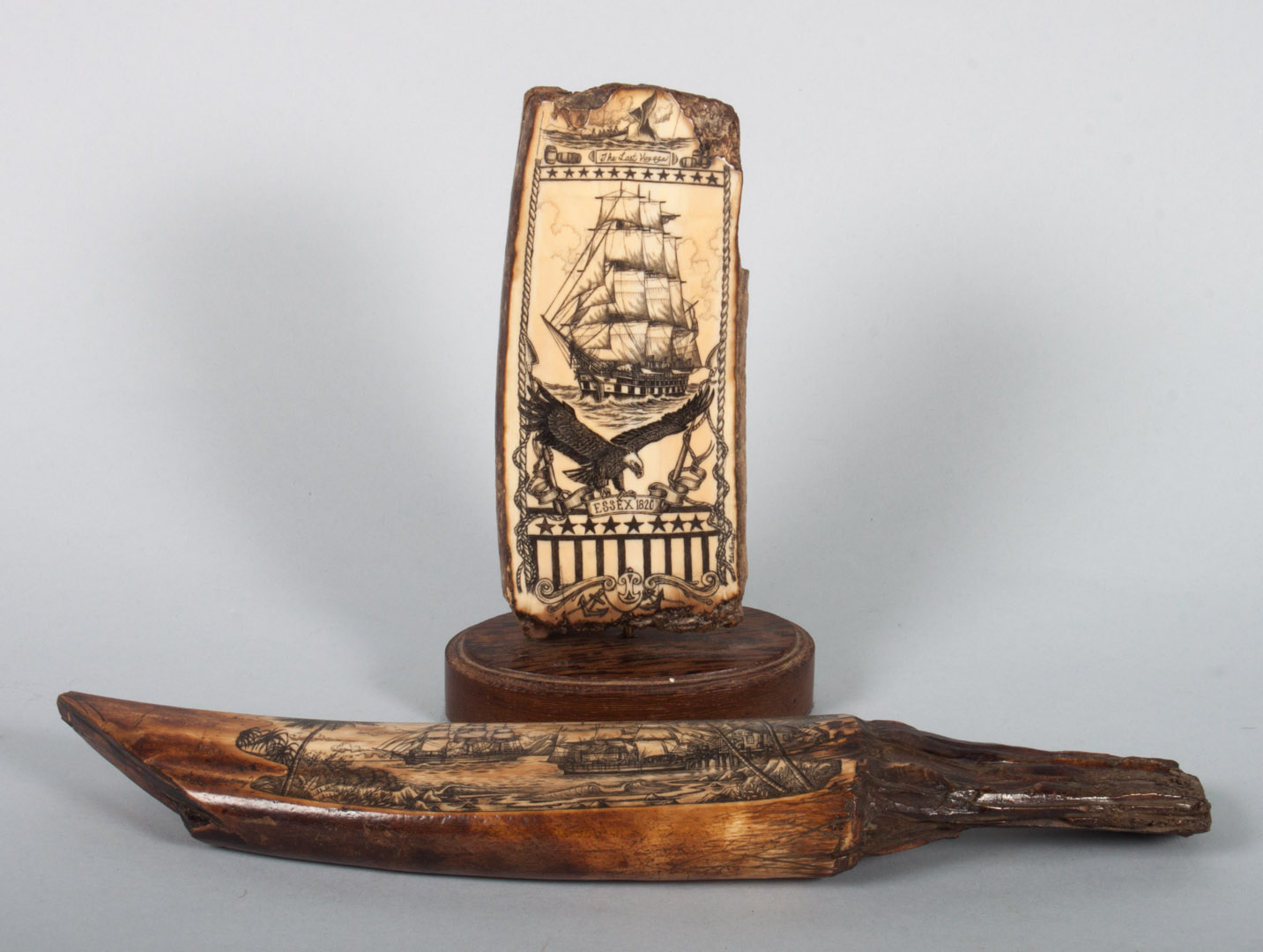 Appraisal: Two Peter Kinney scrimshaws The Last Voyage carved fossilized walrus