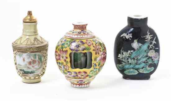 Appraisal: Three Porcelain Snuff Bottles of varying decoration two having Qianlong