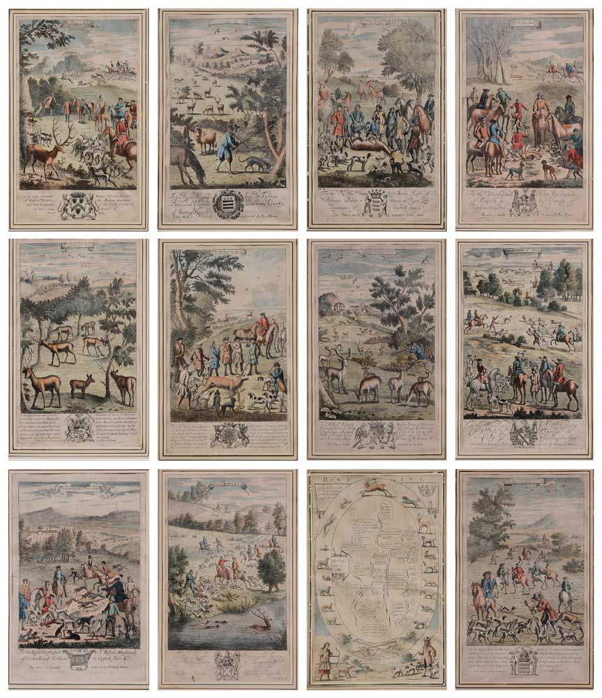 Appraisal: th Century Hunting Prints Twelve hand-colored engravings from Richard Blome