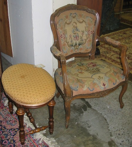 Appraisal: NEEDLEPOINT ARMCHAIR WITH FOOTSTOOL The armchair is a Louis XV