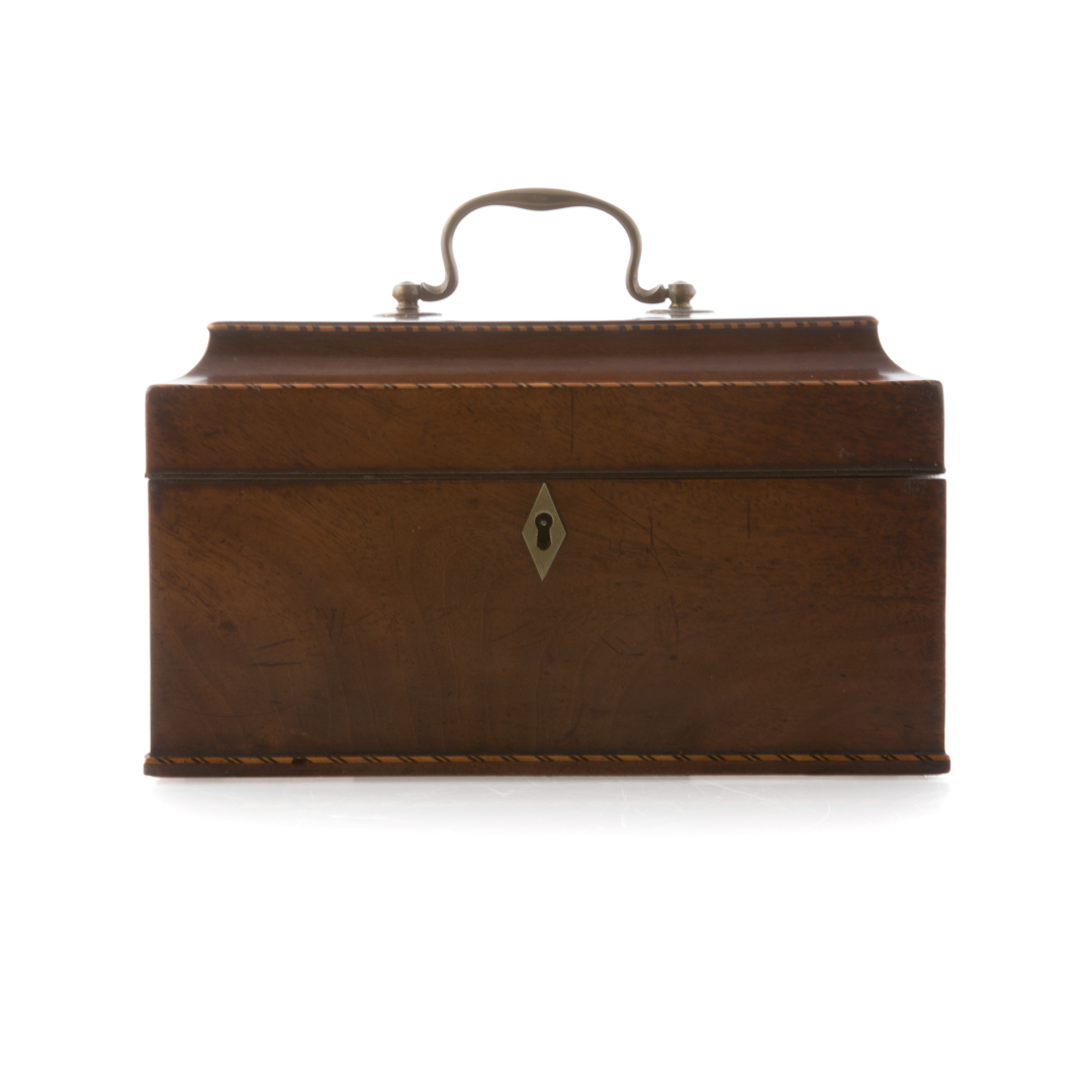 Appraisal: George III inlaid mahogany tea caddy circa brass lid handle