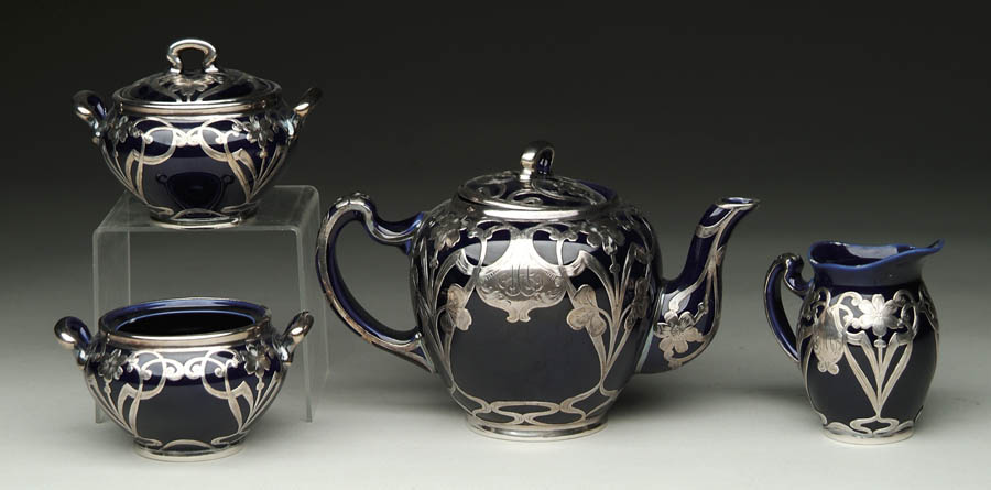 Appraisal: FOUR PIECE SILVER OVERLAY PORCELAIN TEA SET BY SHREVE CRUMP