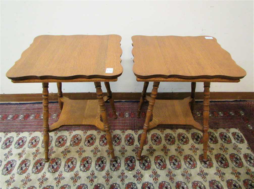 Appraisal: PAIR OF OAK LAMP TABLES American c square tops on