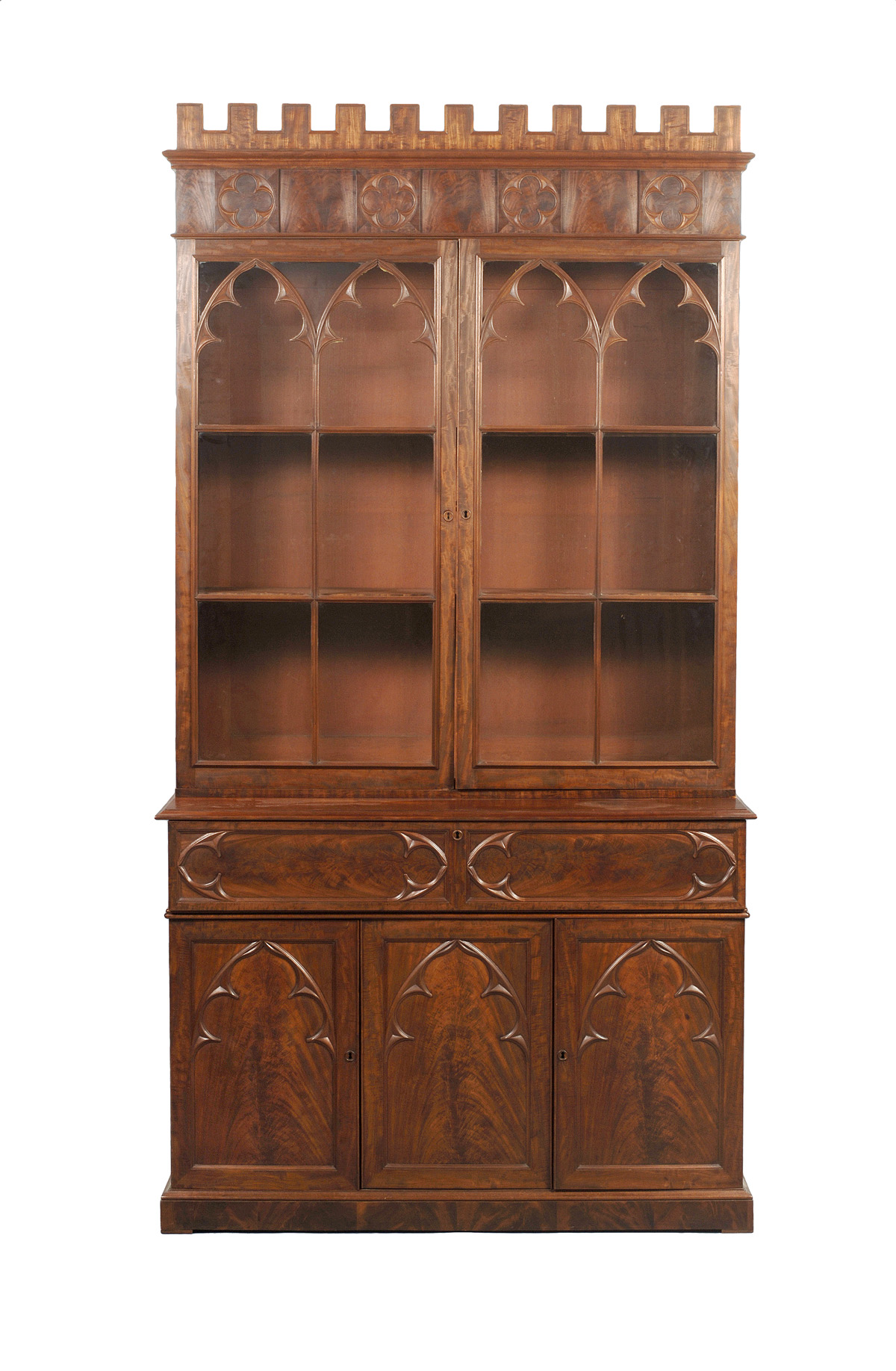 Appraisal: AMERICAN GOTHIC MAHOGANY SECRETARY BOOKCASE WITH GLAZED DOORS PROBABLY NEW