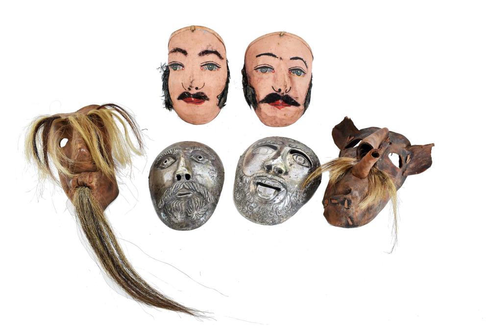 Appraisal: THREE PAIRS OF UNUSUAL PERUVIAN FESTIVAL MASKSComprising a pair of