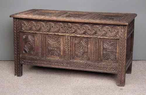 Appraisal: A th Century panelled oak coffer with three panel lid