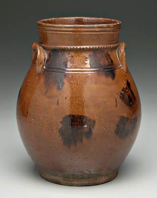 Appraisal: Decorated redware jar applied and coggled neck decoration two pinched