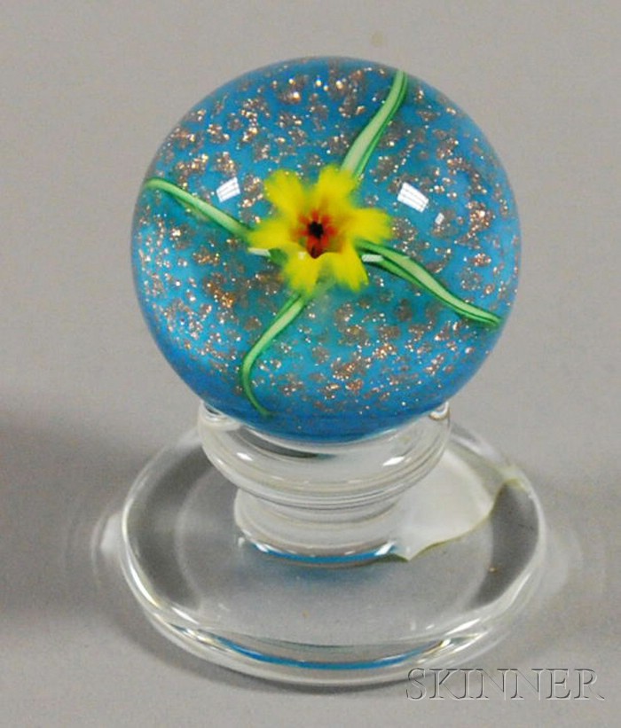 Appraisal: Charles Kaziun Art Glass Paperweight yellow flower on turquoise aventurine