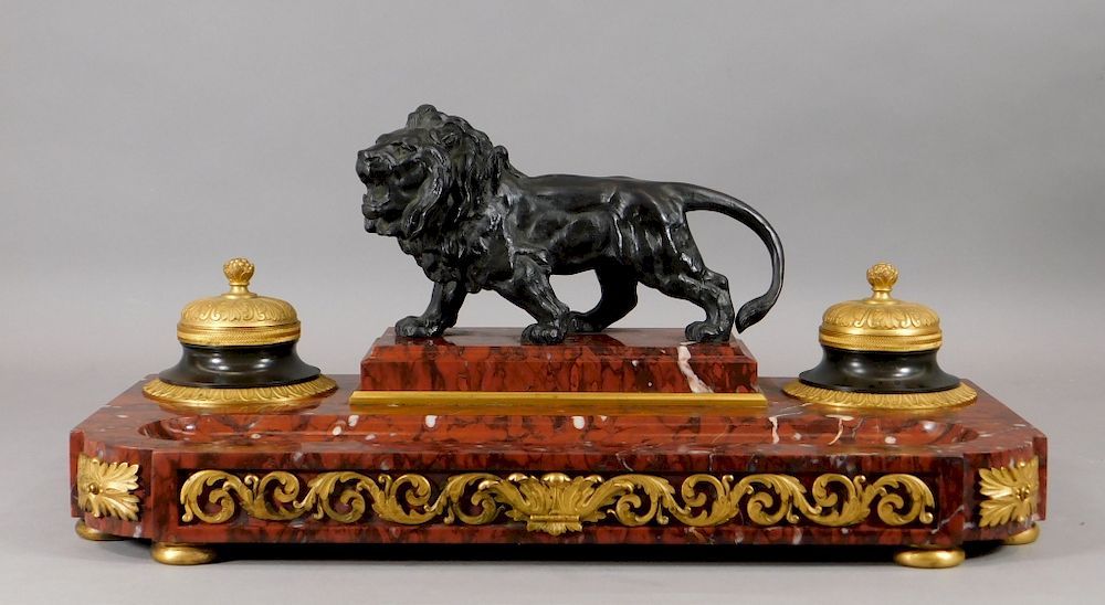 Appraisal: C French Ormolu Bronze Rouge Marble Lion Inkwell France th