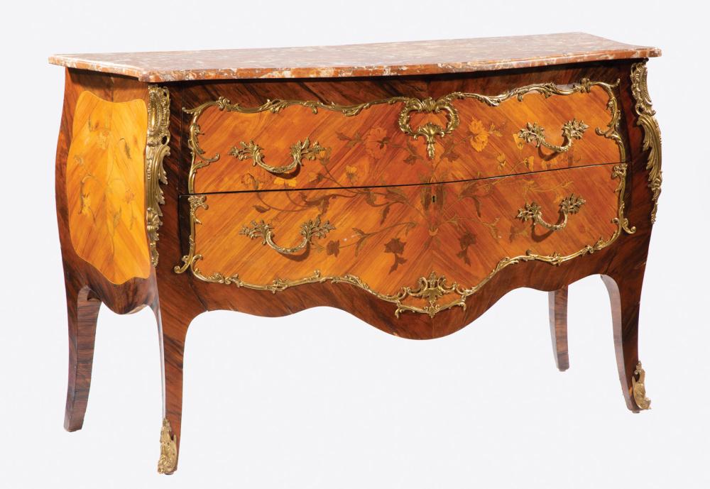 Appraisal: Louis XV-Style Bronze-Mounted Marquetry and Kingwood Bomb Commode serpentine molded