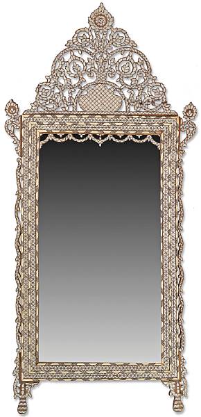 Appraisal: A Levantine shell and bone inlaid hardwood mirror The domed